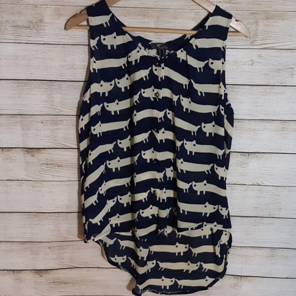 Cutie Tops - Navy Cat Sleeveless Blouse sz.12